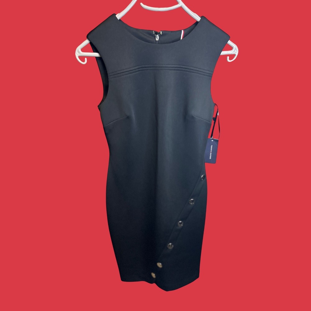 Tommy Hilfiger Dress Women 2 Black Sheath Asymmetrical Button Zip New Career NWT